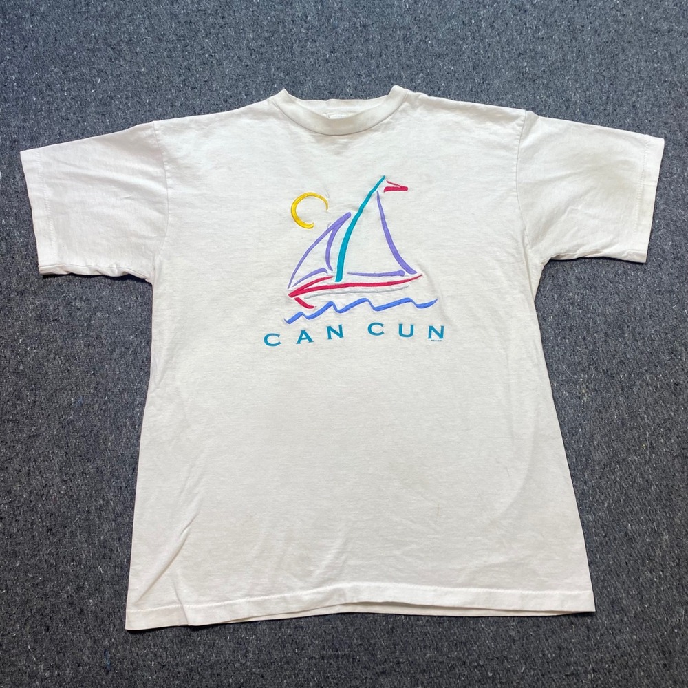 Dolfin Cancun Mexico Shirt L Large Mens White Retro Sailboat Puff Print Souvenir